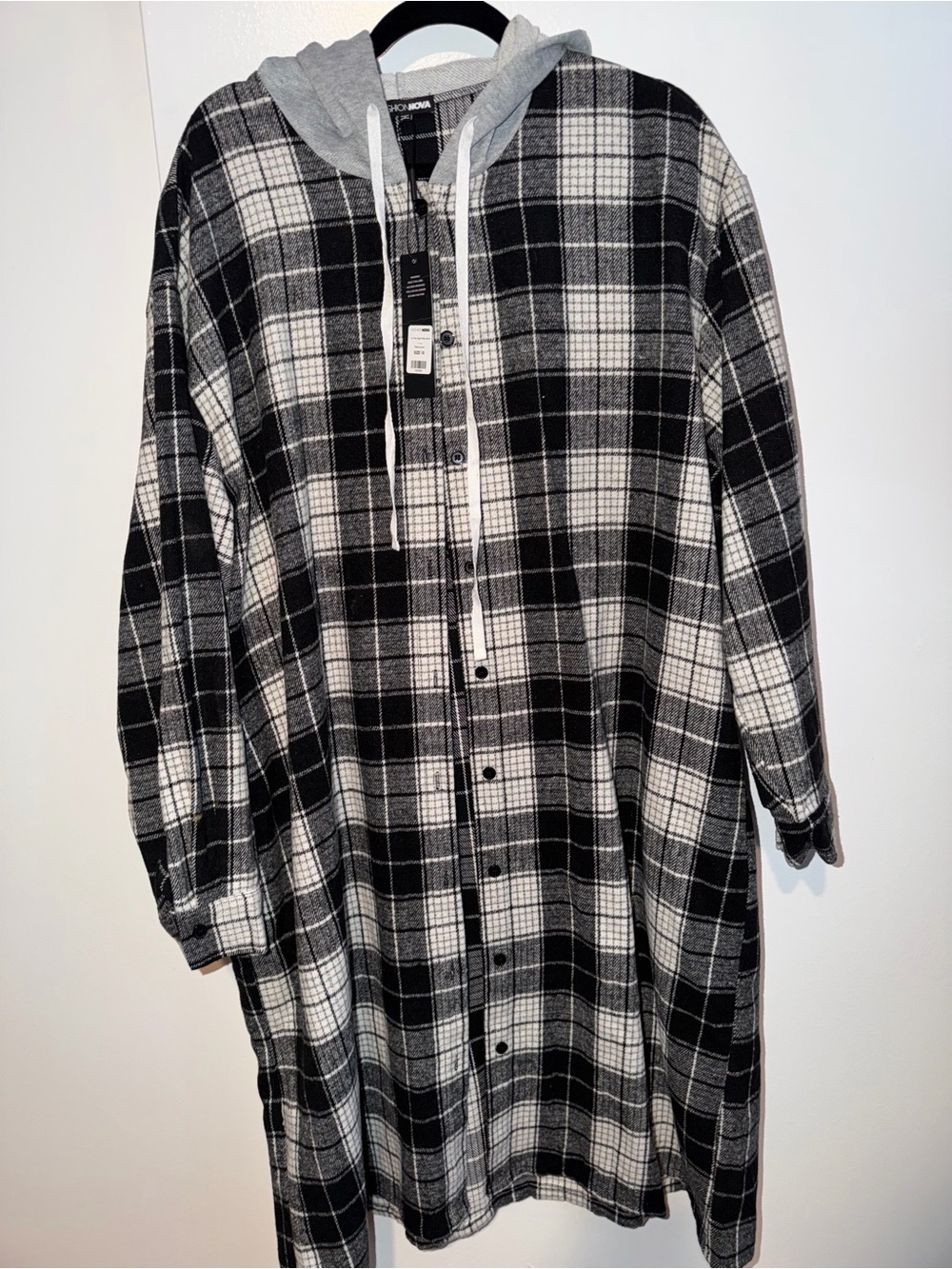 New Longline Plaid Hooded Button Up Shacket Shirt Jacket Size 1X - Picture 5 of 6